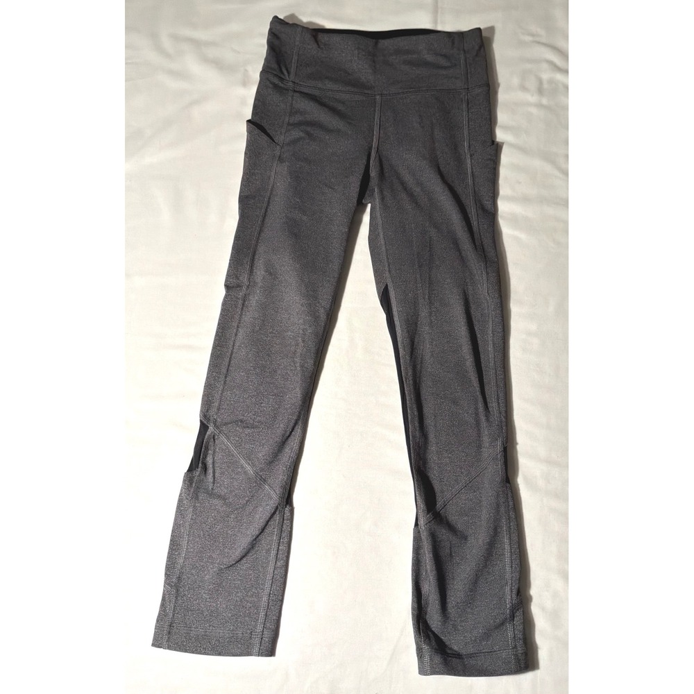 Lululemon Gray Black Mesh Panel Crop Leggings with Pockets Reflective Logo